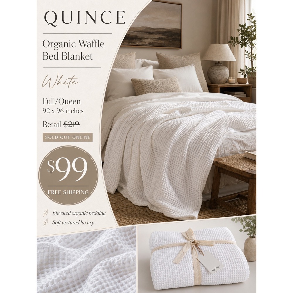 Quince Organic Waffle Bed Blanket Full/Queen White Cotton Textured Luxury New